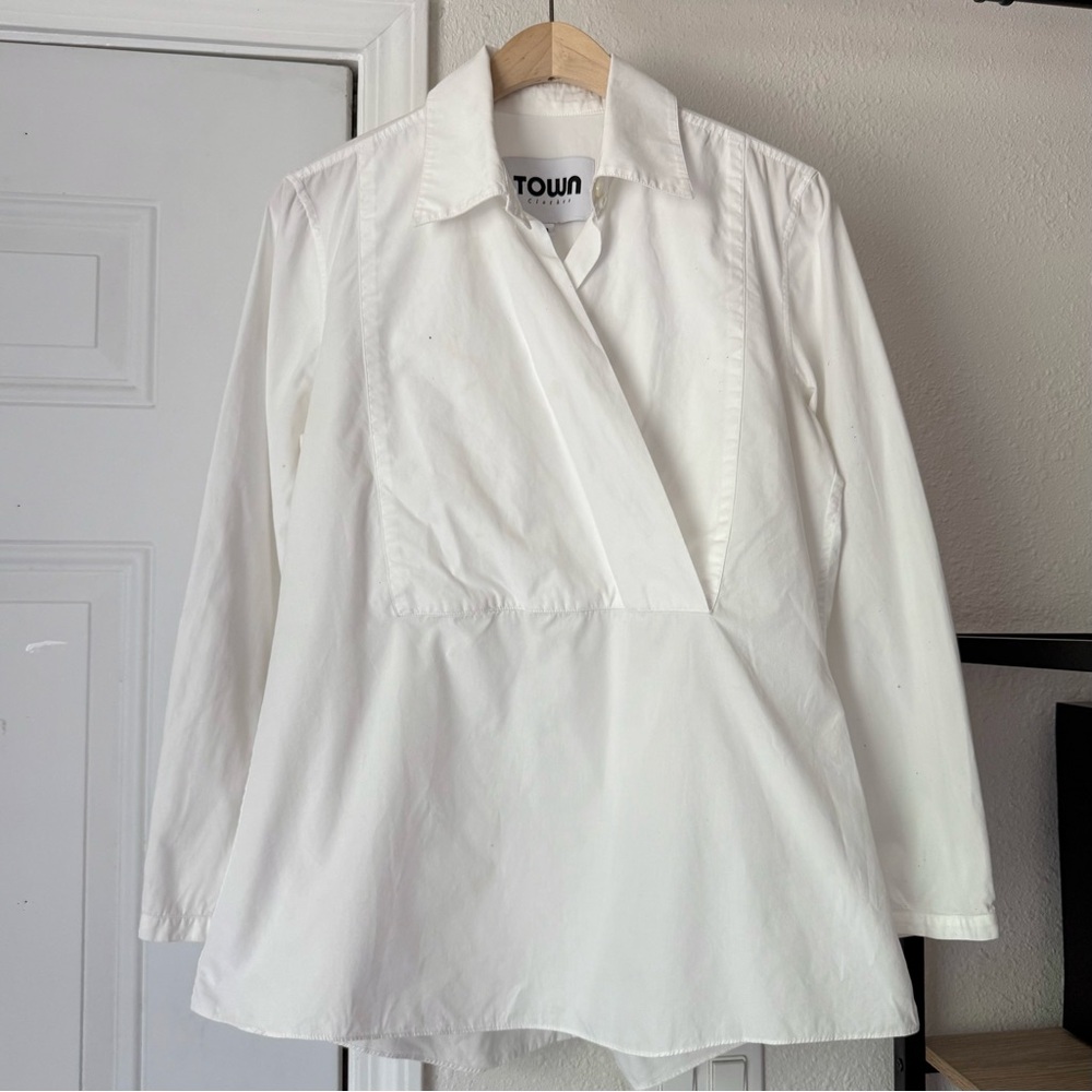 TOWN CLOTHES white‎ cotton long sleeve bib surplice shirt popover top